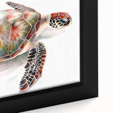 Close-up of a framed canvas wall art piece featuring a vibrant marine life design showcasing a turtle among colorful coral, perfect for ocean-themed decor.