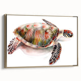 Framed wall art featuring a side view of a vibrant marine life turtle design on a gold background, perfect for ocean-themed decor and nature lovers.