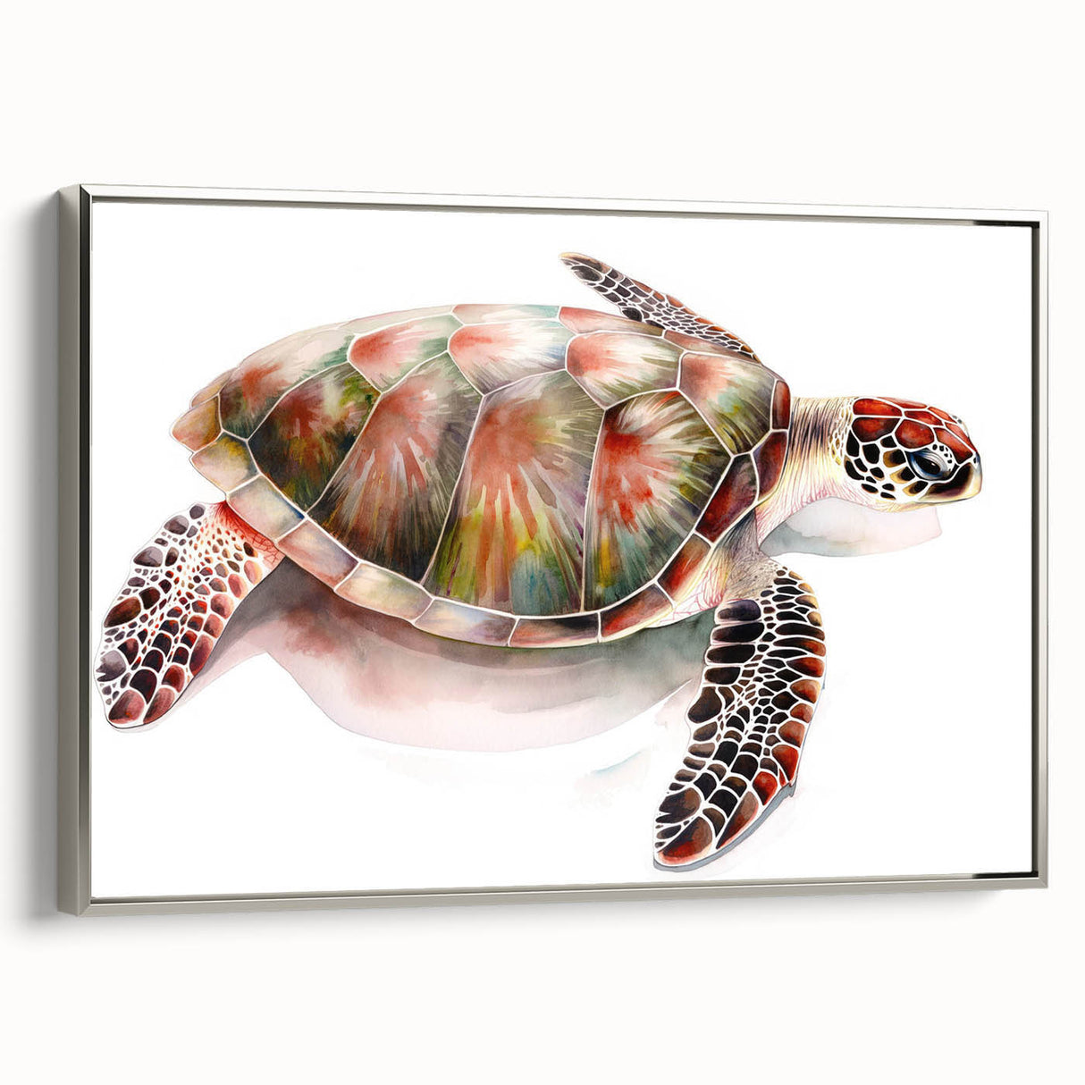 Framed wall art featuring a detailed marine life turtle design on a textured canvas, showcasing vibrant colors and silver accents, ideal for coastal decor.