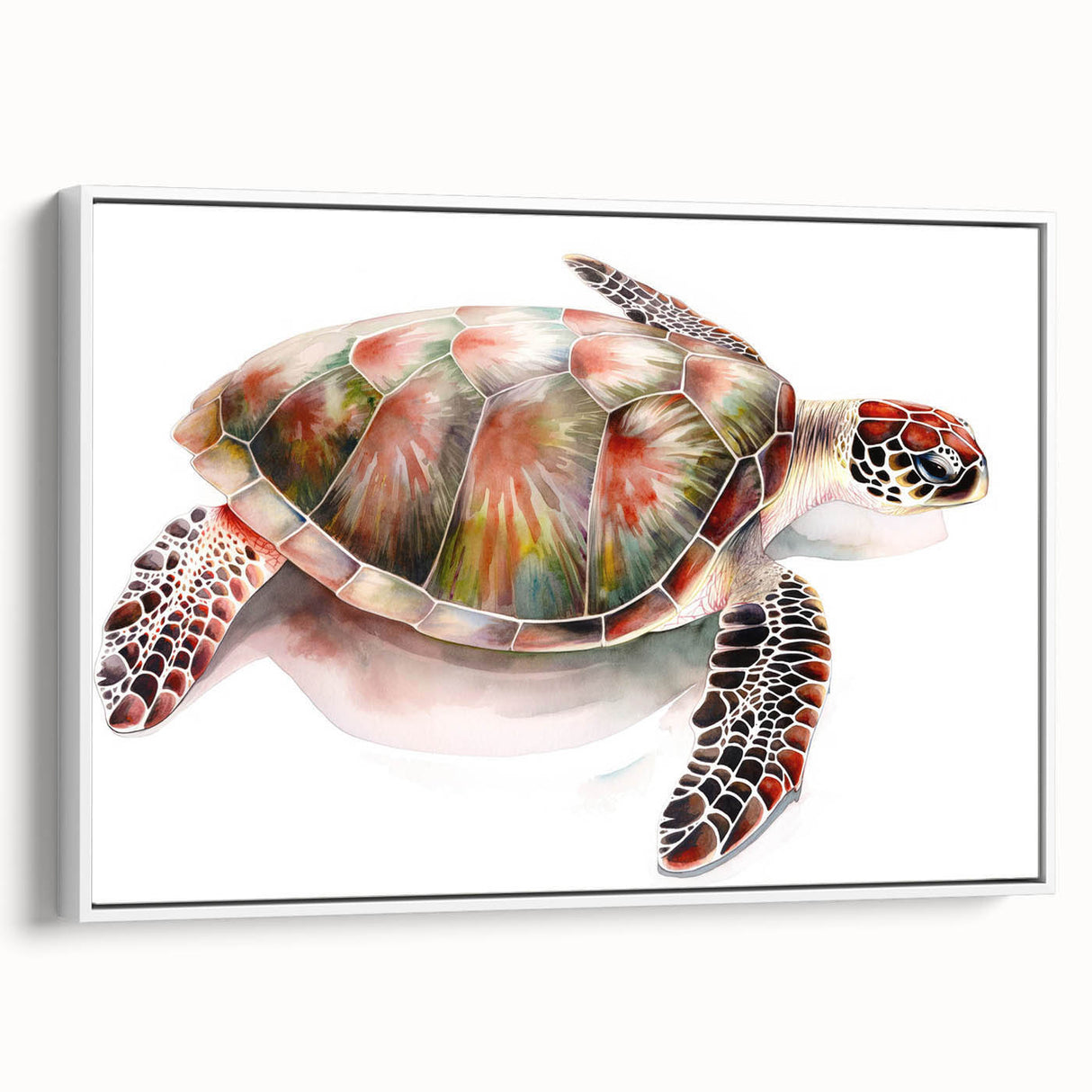 Framed wall art featuring a vibrant marine life design with a turtle motif, showcasing detailed colors and textures on a white background, ideal for ocean-themed decor.