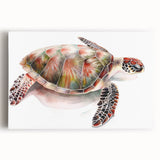 Stretched canvas wall art showcasing a vibrant marine life turtle design, featuring intricate details in blue and green hues, perfect for ocean-themed decor.
