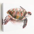 Stretched canvas wall art featuring a vibrant marine life design showcasing a sea turtle swimming amidst colorful coral, perfect for ocean-themed decor.