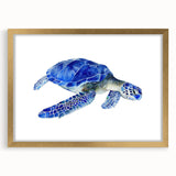 Elegant 18-inch framed wall art showcasing a marine life turtle design, featuring a gold frame and mat, perfect for ocean-themed decor in living spaces.