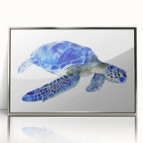 Framed acrylic wall art showcasing a vibrant marine life turtle design, featuring intricate details and a sleek silver frame, ideal for ocean-themed decor.
