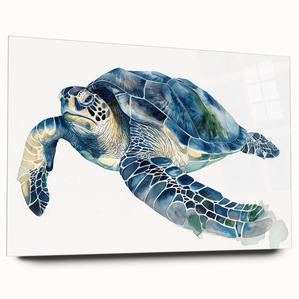 Side view of a vibrant acrylic glass wall art piece featuring a marine turtle design, showcasing intricate details and vivid colors, ideal for ocean-themed decor.