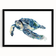 Framed wall art showcasing a vibrant marine life turtle design, featuring a black mat and sleek frame, perfect for ocean-themed decor in any room.