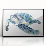 Framed acrylic wall art featuring a vibrant marine life turtle design, showcasing intricate details and a black frame, perfect for ocean-themed decor.