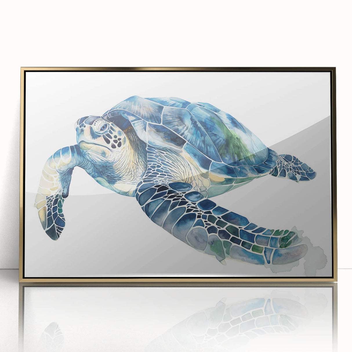 Framed wall art featuring a vibrant marine life design with a turtle in rich colors, elegantly presented with a gold frame that enhances its beauty. Ideal for ocean-themed decor enthusiasts.