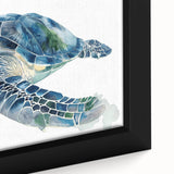 Close-up of a vibrant marine life-themed wall art featuring a detailed turtle design, framed in a stylish black frame, perfect for ocean-inspired decor.