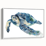 Framed canvas wall art featuring a vibrant marine life design with a turtle in shades of blue and green, elegantly displayed against a white background, perfect for ocean-themed decor.