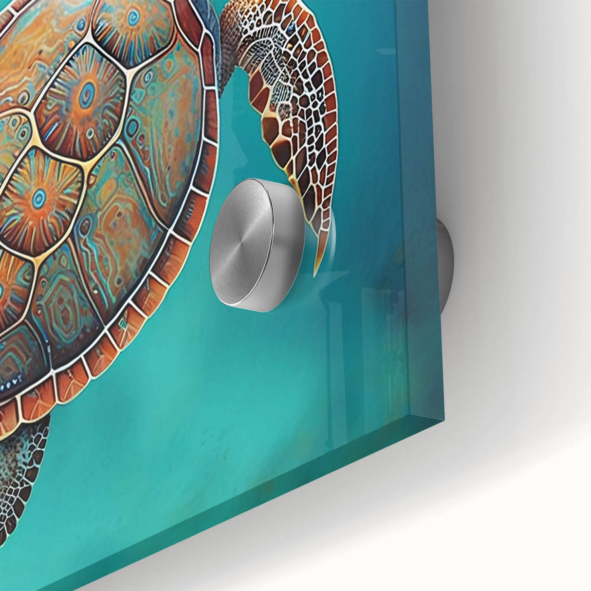 Close-up of a vibrant marine life wall art piece featuring a detailed turtle design, crafted from acrylic glass, showcasing intricate colors and textures. Perfect for ocean-themed decor.