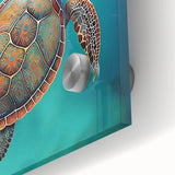 Close-up of a vibrant marine life wall art piece featuring a detailed turtle design, crafted from acrylic glass, showcasing intricate colors and textures. Perfect for ocean-themed decor.