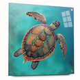 Close-up of a marine life wall art piece showcasing a vibrant turtle design on acrylic glass, elegantly displayed with pins, perfect for ocean-themed decor.