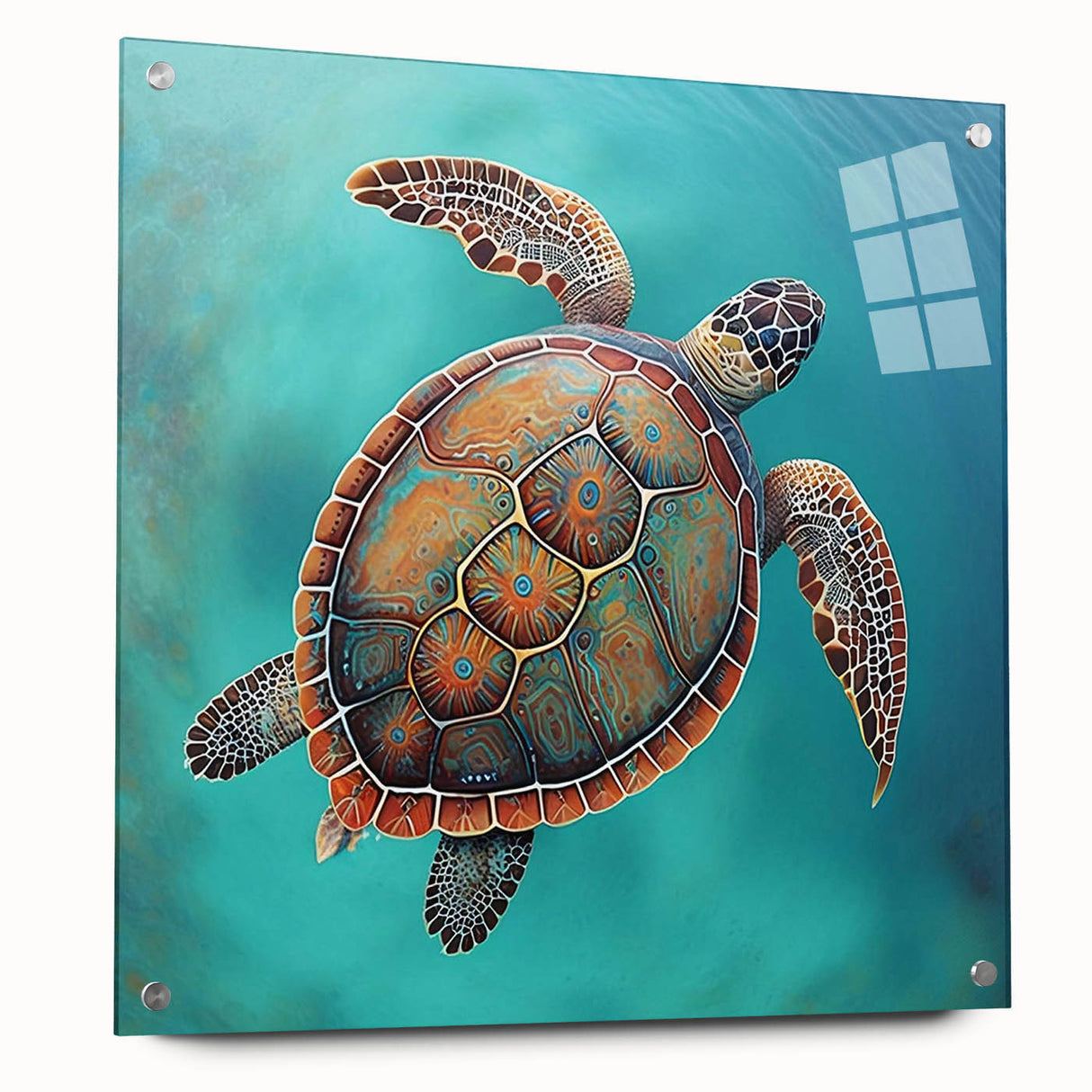 Close-up of a marine life wall art piece showcasing a vibrant turtle design on acrylic glass, elegantly displayed with pins, perfect for ocean-themed decor.