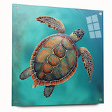 Close-up of a marine life wall art piece showcasing a vibrant turtle design on acrylic glass, elegantly displayed with pins, perfect for ocean-themed decor.