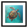 Black-framed wall art featuring a beautifully illustrated marine turtle design, set in a mat, perfect for ocean-themed decor, showcasing vibrant colors and intricate details.