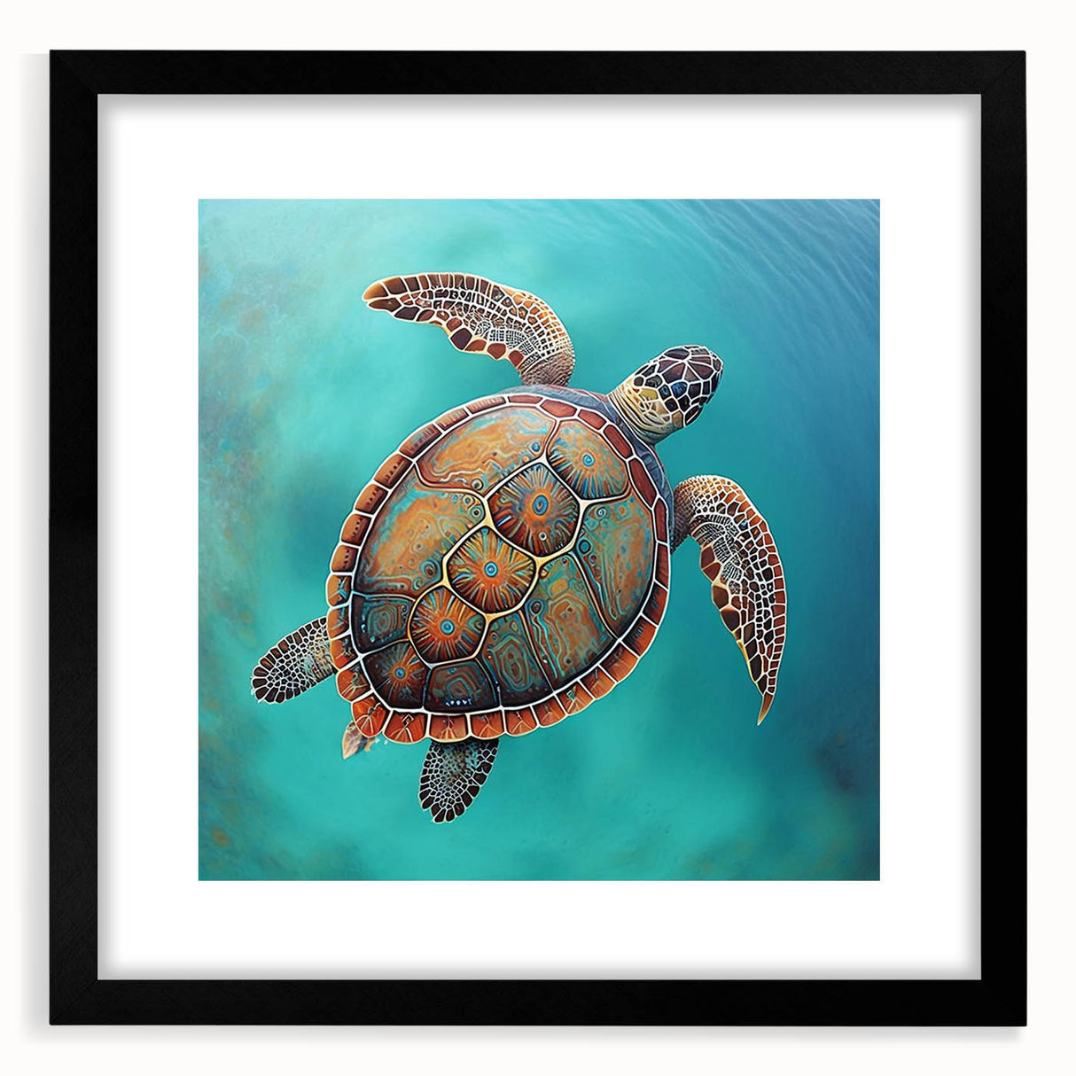 Black-framed wall art featuring a beautifully illustrated marine turtle design, set in a mat, perfect for ocean-themed decor, showcasing vibrant colors and intricate details.