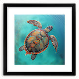 Black-framed wall art featuring a beautifully illustrated marine turtle design, set in a mat, perfect for ocean-themed decor, showcasing vibrant colors and intricate details.