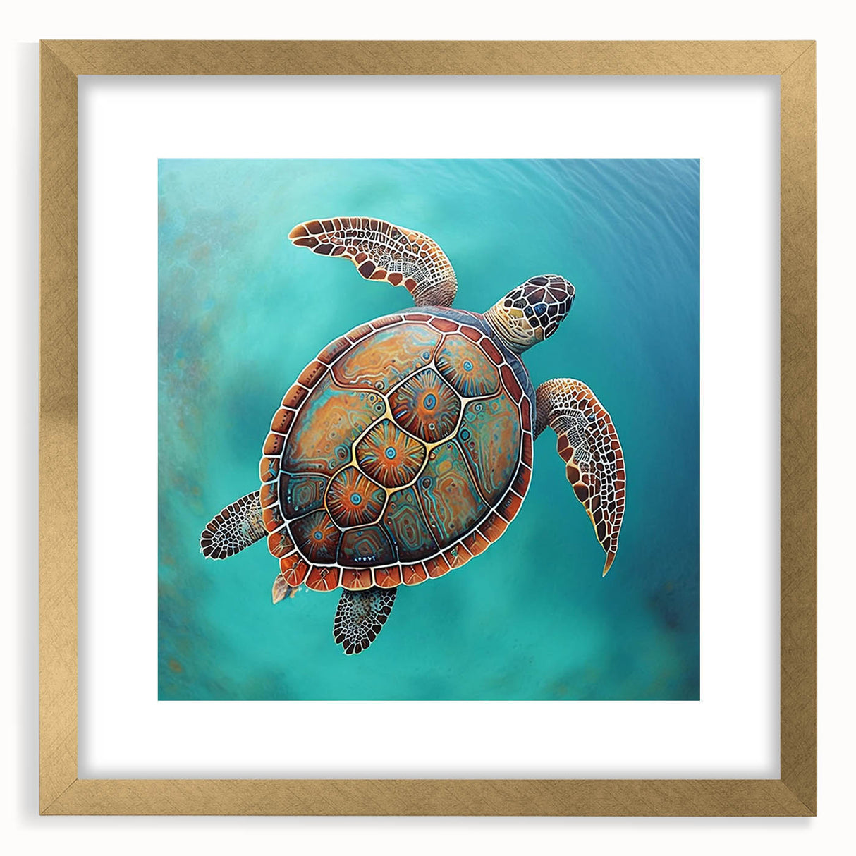 Gold framed wall art featuring a vibrant marine life design with a turtle, elegantly matted for display. Perfect for ocean lovers and home decor enthusiasts.