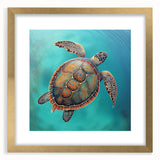 Gold framed wall art featuring a vibrant marine life design with a turtle, elegantly matted for display. Perfect for ocean lovers and home decor enthusiasts.