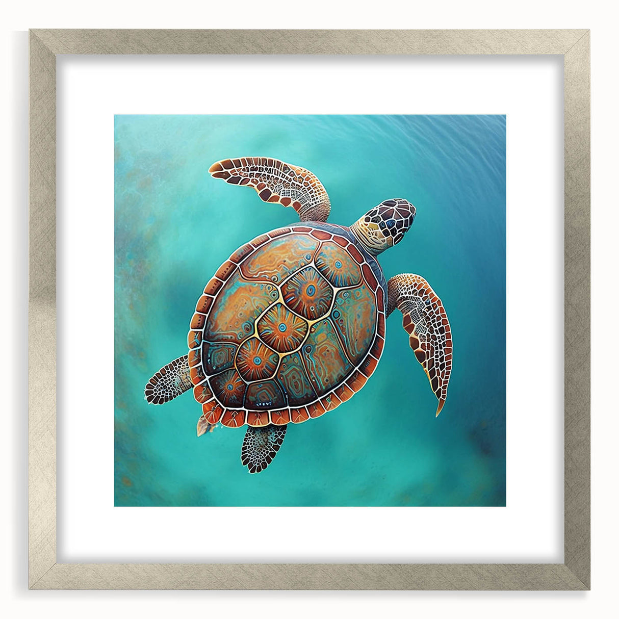 Wall art featuring a marine life design of a turtle, framed with a silver mat, showcasing intricate details and vibrant colors, perfect for ocean-themed decor.