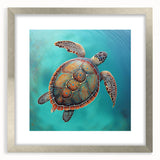 Wall art featuring a marine life design of a turtle, framed with a silver mat, showcasing intricate details and vibrant colors, perfect for ocean-themed decor.