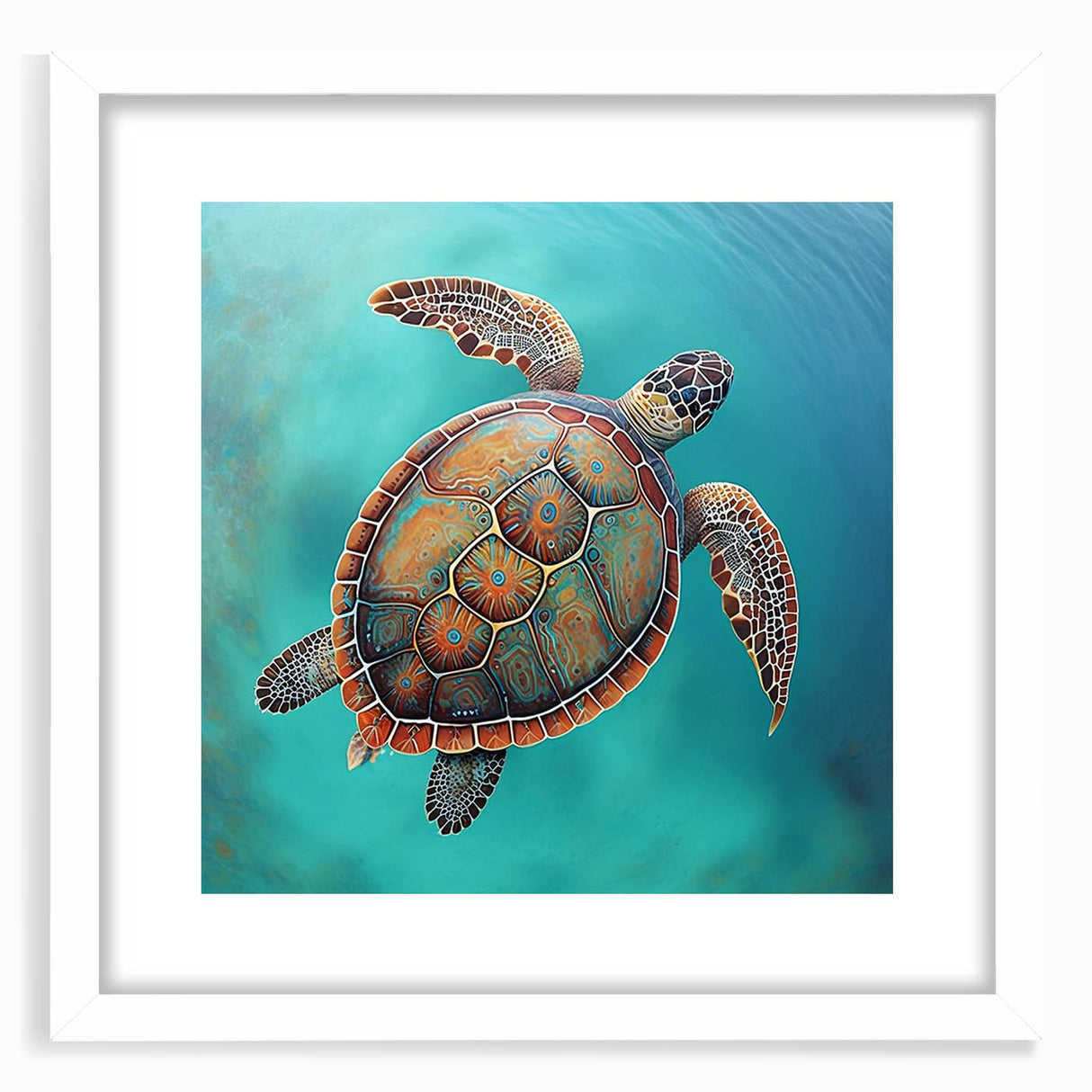 Framed wall art featuring a vibrant marine life turtle design, presented with a white mat. This decorative piece adds a coastal touch to any room, ideal for ocean lovers.
