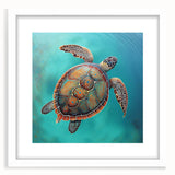 Framed wall art featuring a vibrant marine life turtle design, presented with a white mat. This decorative piece adds a coastal touch to any room, ideal for ocean lovers.