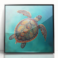 Framed wall art featuring a vibrant marine life design with a turtle, set in a sleek black frame, perfect for ocean-themed decor and nature enthusiasts.