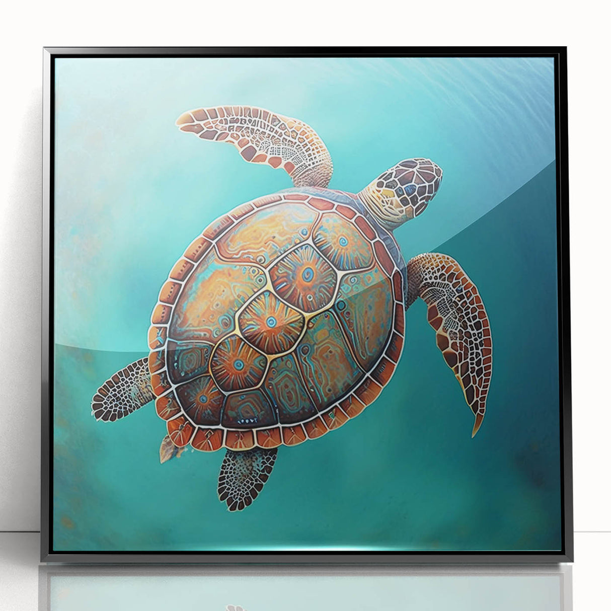 Framed wall art featuring a vibrant marine life design with a turtle, set in a sleek black frame, perfect for ocean-themed decor and nature enthusiasts.