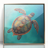 Framed acrylic wall art showcasing a vibrant marine life design with a turtle, featuring gold accents and a sleek front view, perfect for ocean-themed decor.