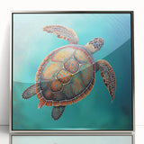 Framed wall art showcasing a vibrant marine life design featuring a turtle, set in an elegant silver frame, perfect for ocean-themed decor.