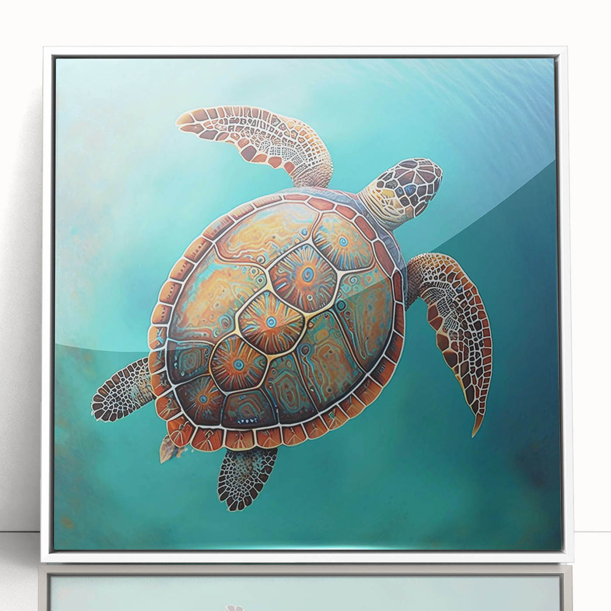 Framed wall art featuring a vibrant marine life design of a turtle, set against a white background, showcasing intricate details and colors, perfect for ocean-themed decor.