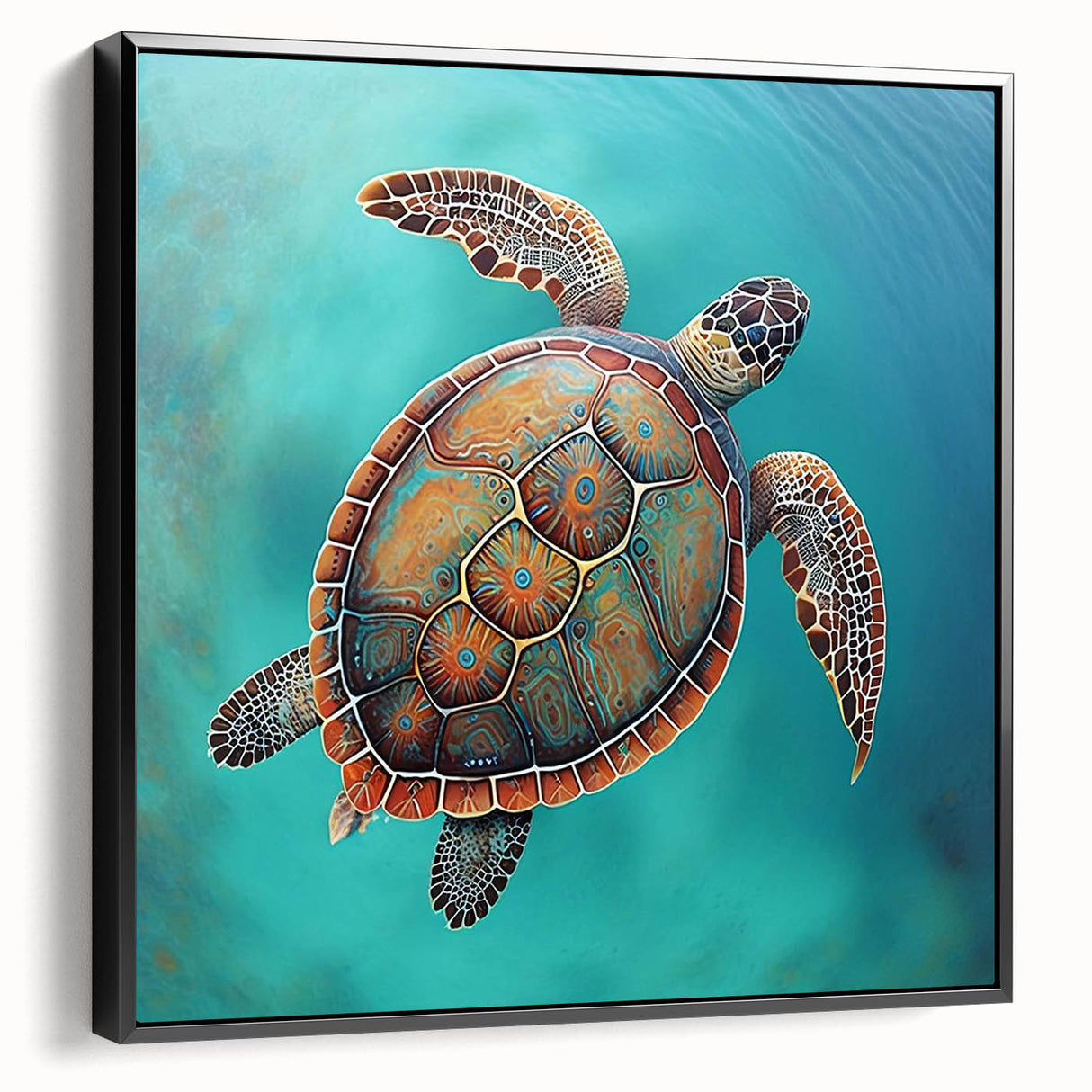 Framed canvas wall art featuring a vibrant marine life design of a turtle, set against a black background, perfect for ocean-themed decor. Ideal for adding a touch of nature-inspired elegance to any room.