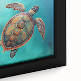Close-up of a framed wall art piece showcasing a vibrant marine life design featuring a detailed green turtle against a soothing blue background, perfect for ocean-themed decor.