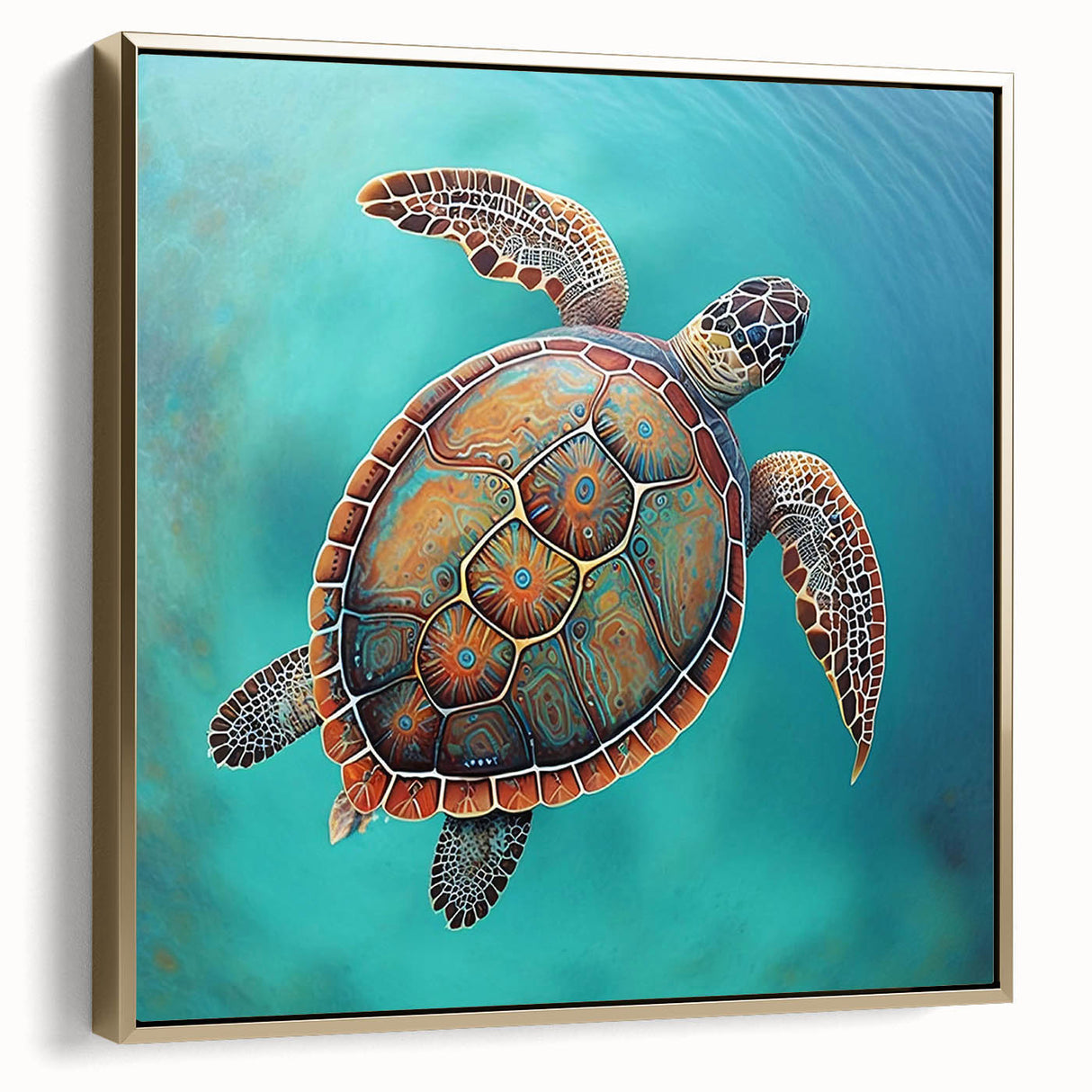 Framed canvas wall art featuring a vibrant marine life design with a turtle, accented by a gold frame. Ideal for ocean-themed home decor.