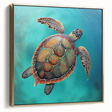 Framed canvas wall art featuring a vibrant marine life design with a turtle, accented by a gold frame. Ideal for ocean-themed home decor.