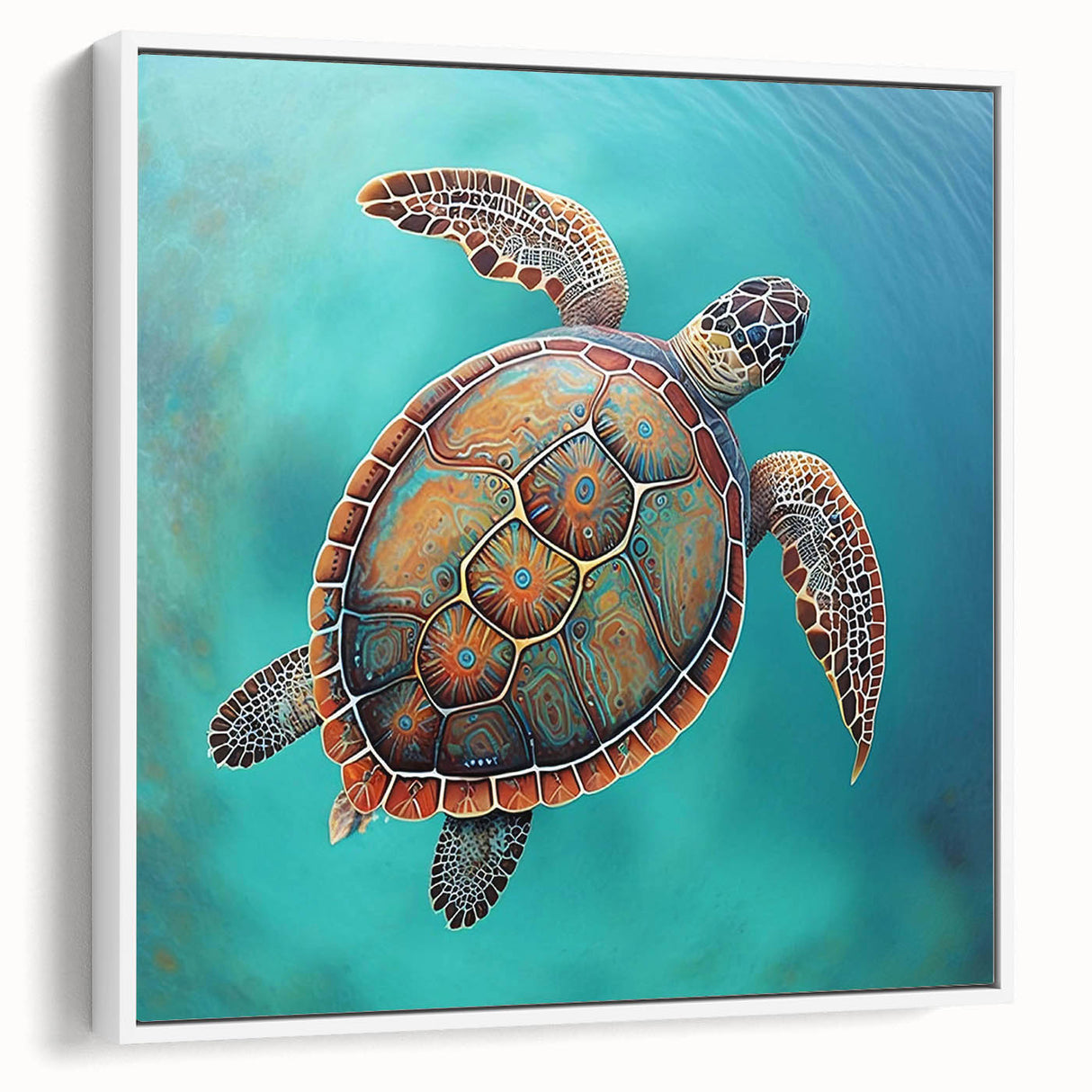Framed canvas wall art showcasing a vibrant marine life design featuring a turtle, with a white frame, ideal for ocean-themed decor. Perfect for nature enthusiasts.