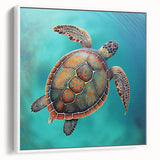 Framed canvas wall art showcasing a vibrant marine life design featuring a turtle, with a white frame, ideal for ocean-themed decor. Perfect for nature enthusiasts.