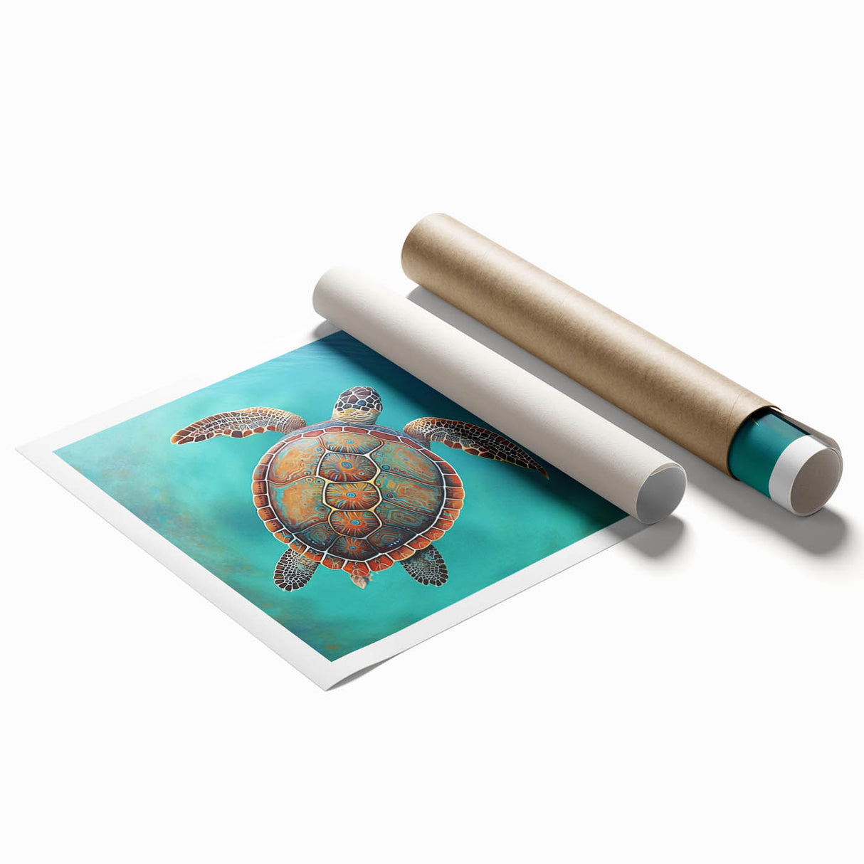 Vibrant marine life wall art featuring a detailed sea turtle design, showcasing intricate patterns and colors, rolled for easy framing and display. Perfect for ocean lovers and home decor enthusiasts.
