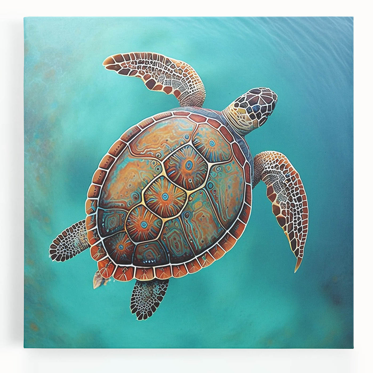 Stretched canvas wall art featuring a vibrant marine life design with a turtle and coral, ideal for ocean-themed decor. Perfect for adding a touch of nature to any room.