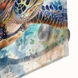 Close-up of a vibrant marine life wall art design showcasing a turtle, crafted from acrylic glass. This colorful piece highlights ocean biodiversity and adds a unique touch to home decor.