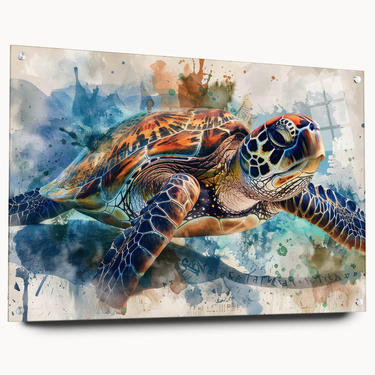 Acrylic glass wall art piece showcasing a vibrant marine life turtle design, featuring intricate details and multiple color elements, ideal for ocean-themed decor.