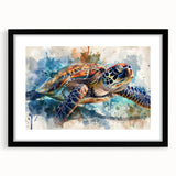 Marine life wall art featuring a black-framed turtle design, complete with a mat, showcases vibrant colors and intricate details, perfect for ocean-themed decor.