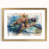 Marine life wall art design featuring a gold-framed turtle illustration, elegantly presented with a white mat, perfect for ocean-themed decor.