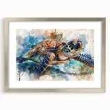 Framed wall art showcasing an elegant marine life turtle design with a silver mat, perfect for ocean-themed decor in living spaces or nurseries.