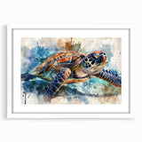 Framed marine life wall art featuring a turtle design, presented in a white frame with a mat, ideal for ocean-themed decor in homes or offices.