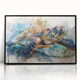 Framed acrylic wall art featuring a vibrant marine life turtle design, showcasing intricate details and a sleek black frame, perfect for ocean-themed decor.