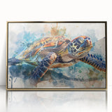 Framed acrylic wall art showcasing a vibrant marine life turtle design with a gold border, perfect for ocean-themed decor in homes or offices.