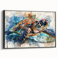 Framed canvas wall art showcasing a vibrant marine turtle design in a black frame, perfect for ocean-themed decor. Ideal for adding a touch of marine life to any room.
